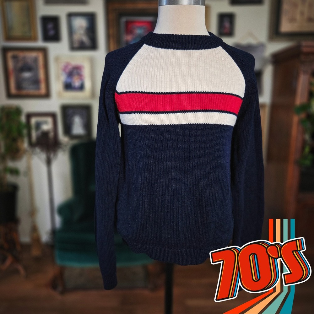 Scooters‎ Sweater Vintage 70s Navy Blue White Red Stripe Knit Raglan Mod S Small